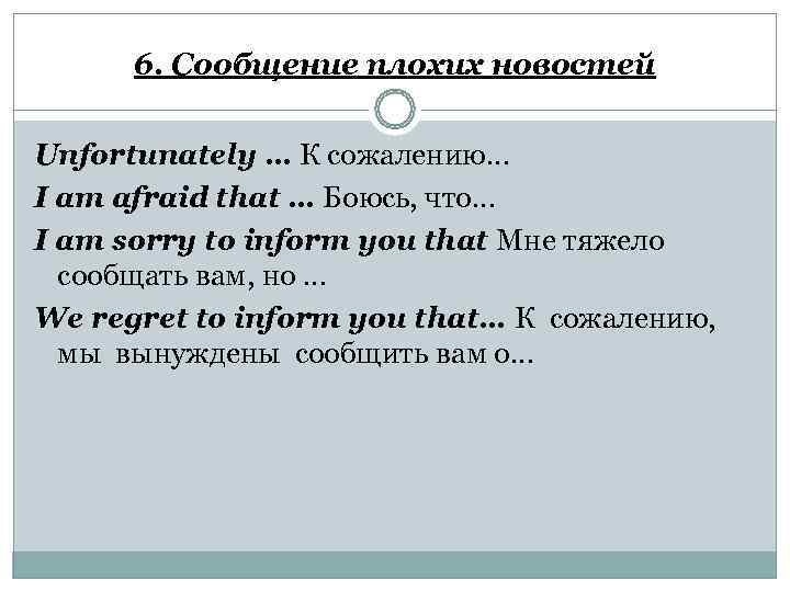  6. Сообщение плохих новостей Unfortunately … К сожалению… I am afraid that …