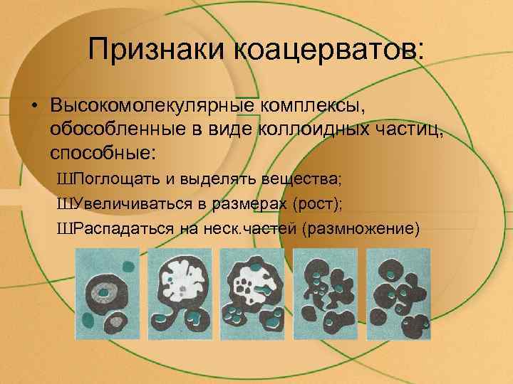  Признаки коацерватов:  • Высокомолекулярные комплексы,  обособленные в виде коллоидных частиц, 