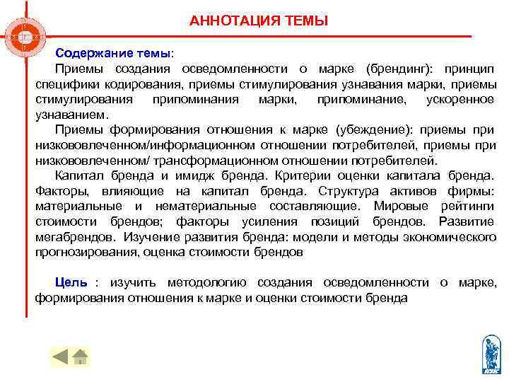     АННОТАЦИЯ ТЕМЫ Содержание темы: Приемы создания осведомленности о марке (брендинг):