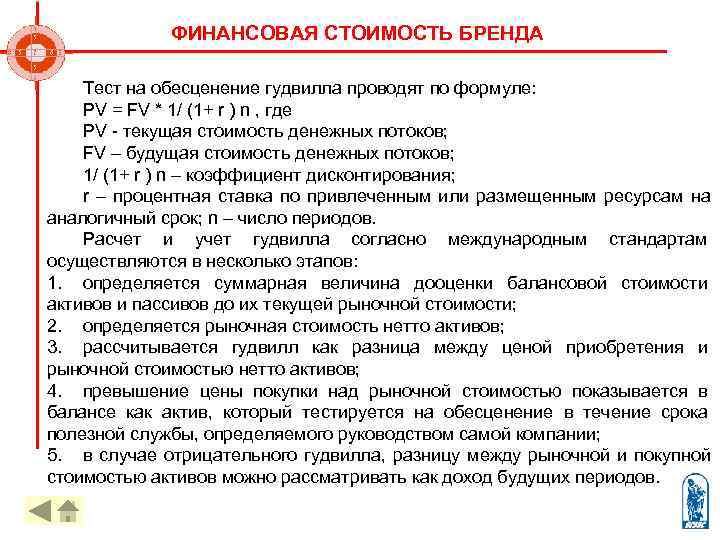     ФИНАНСОВАЯ СТОИМОСТЬ БРЕНДА  Тест на обесценение гудвилла проводят по