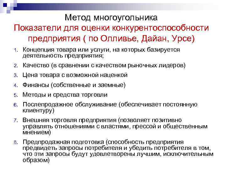   Метод многоугольника Показатели для оценки конкурентоспособности  предприятия ( по Олливье, Дайан,