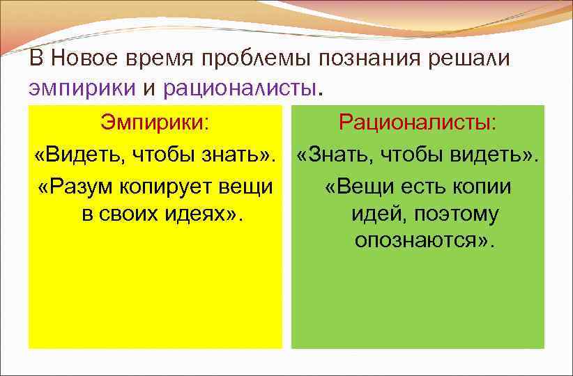 В Новое время проблемы познания решали эмпирики и рационалисты. рационалисты Эмпирики: В Новое время проблемы познания решали эмпирики и рационалисты. рационалисты Эмпирики:
