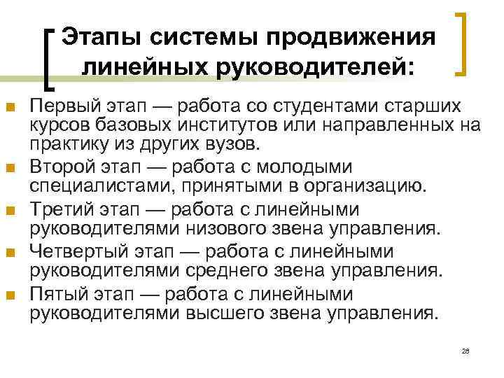   Этапы системы продвижения   линейных руководителей: n  Первый этап —