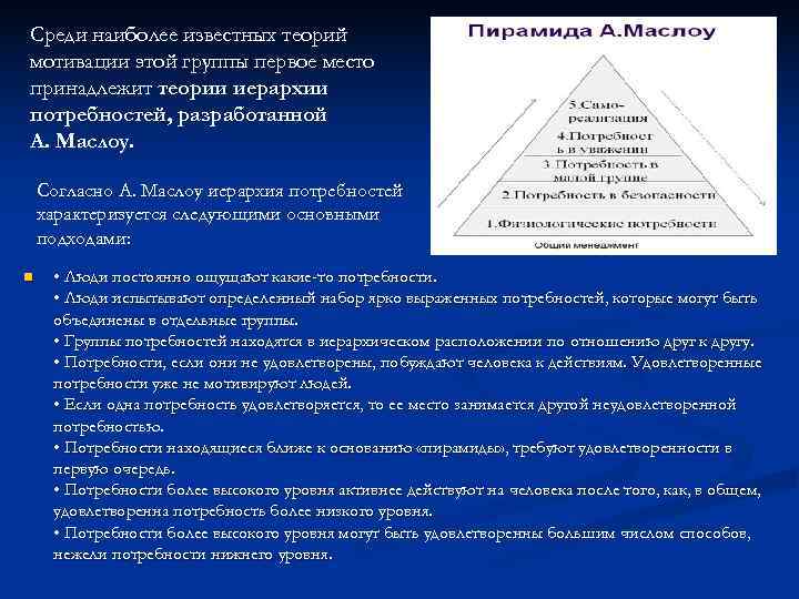 Среди наиболее известных теорий мотивации этой группы первое место принадлежит теории иерархии потребностей, разработанной Среди наиболее известных теорий мотивации этой группы первое место принадлежит теории иерархии потребностей, разработанной