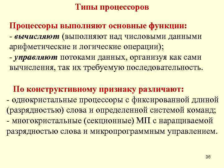    Типы процессоров Процессоры выполняют основные функции:  - вычисляют (выполняют над