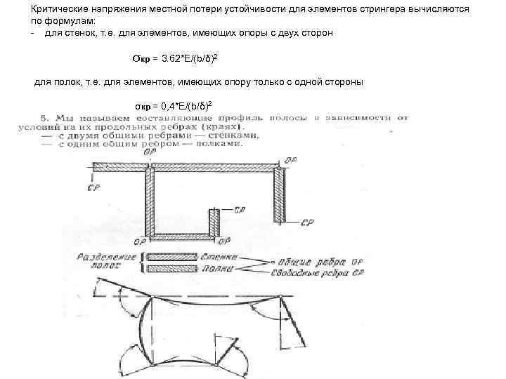 Критические напряжения местной потери устойчивости для элементов стрингера вычисляются по формулам: - для стенок,