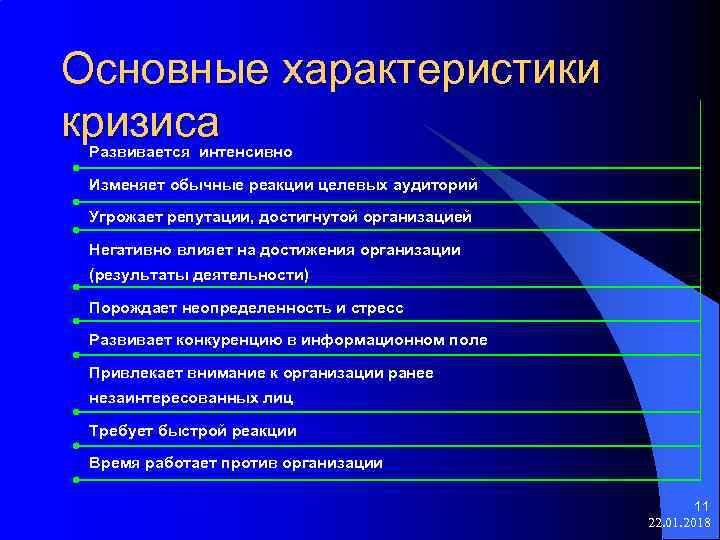 Основные характеристики кризиса Развивается интенсивно  Изменяет обычные реакции целевых аудиторий  Угрожает репутации,