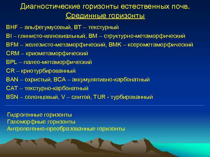 Диагностические горизонты естественных почв. Срединные горизонты BHF – альфегумусовый, BT – текстурный BI –