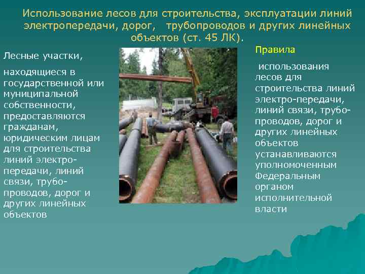 Использование лесов для строительства, эксплуатации линий электропередачи, дорог, трубопроводов и других линейных объектов (ст.