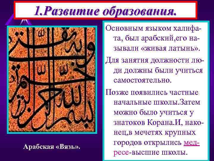  1. Развитие образования.     Основным языком халифа-   