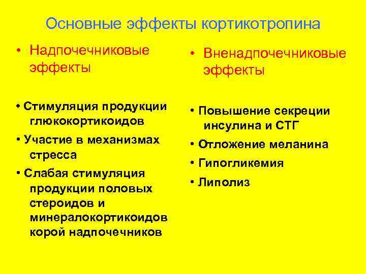   Основные эффекты кортикотропина • Надпочечниковые   • Вненадпочечниковые  эффекты 