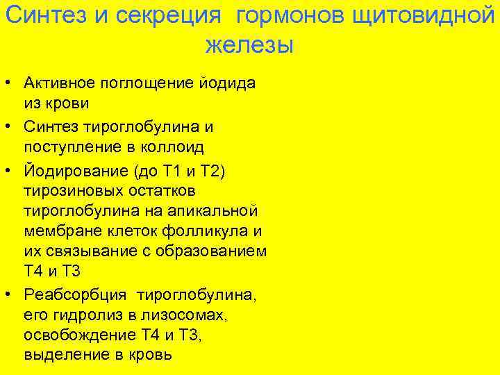 Синтез и секреция гормонов щитовидной   железы • Активное поглощение йодида  из
