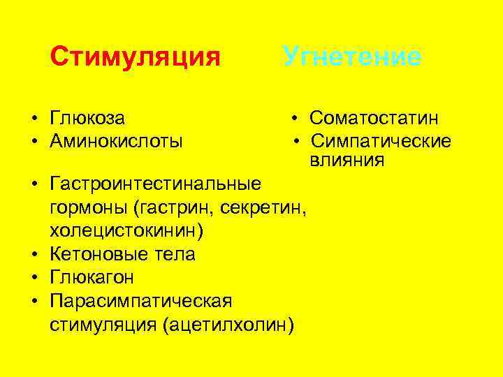  Стимуляция    Угнетение  • Глюкоза    • Соматостатин