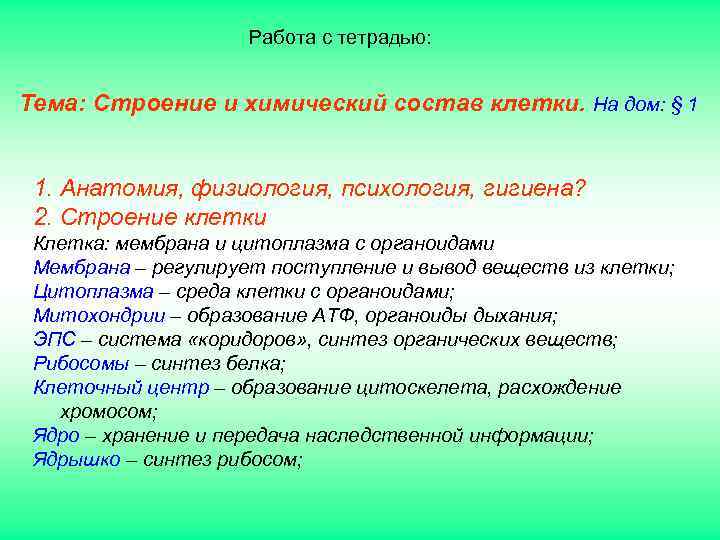      Работа с тетрадью:  Тема: Строение и химический состав