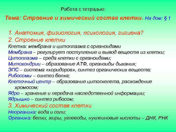      Работа с тетрадью: Тема: Строение и химический состав клетки.