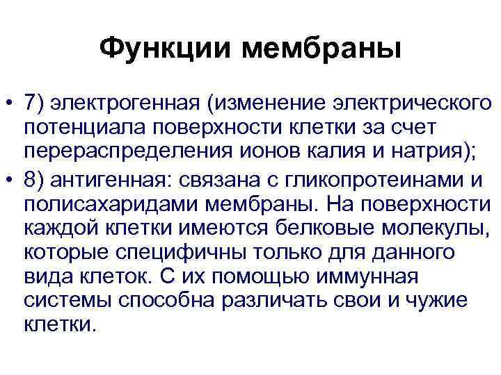   Функции мембраны • 7) электрогенная (изменение электрического  потенциала поверхности клетки за