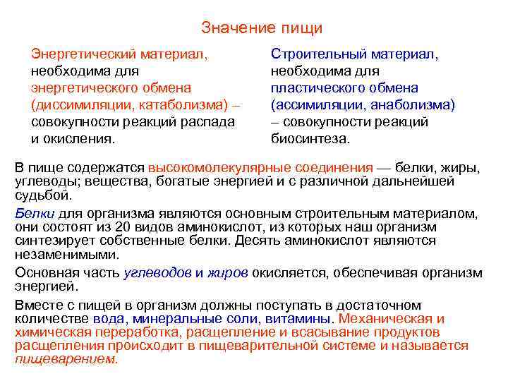      Значение пищи  Энергетический материал,   Строительный материал,