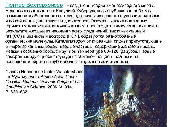 Гюнтер Вехтерхойзер  - создатель теории «железо-серного мира» .  Недавно в соавторстве с