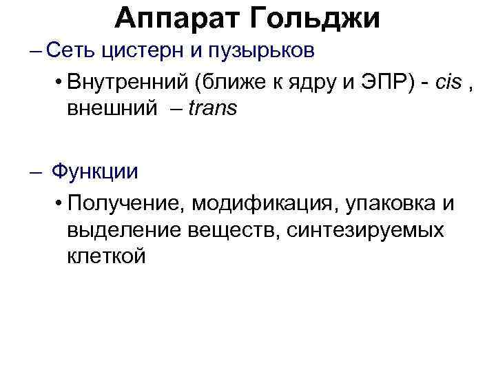   Аппарат Гольджи – Сеть цистерн и пузырьков • Внутренний (ближе к ядру