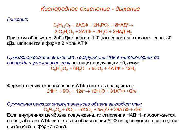    Кислородное окисление - дыхание Гликолиз:    С 6 Н