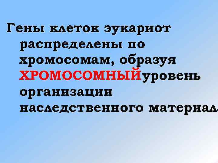 Гены клеток эукариот  распределены по  хромосомам, образуя  ХРОМОСОМНЫЙ уровень  организации