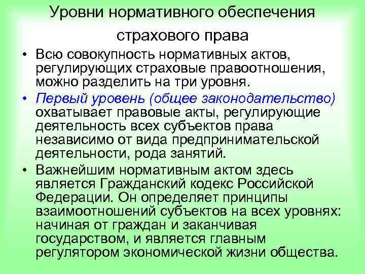   Уровни нормативного обеспечения  страхового права • Всю совокупность нормативных актов, 
