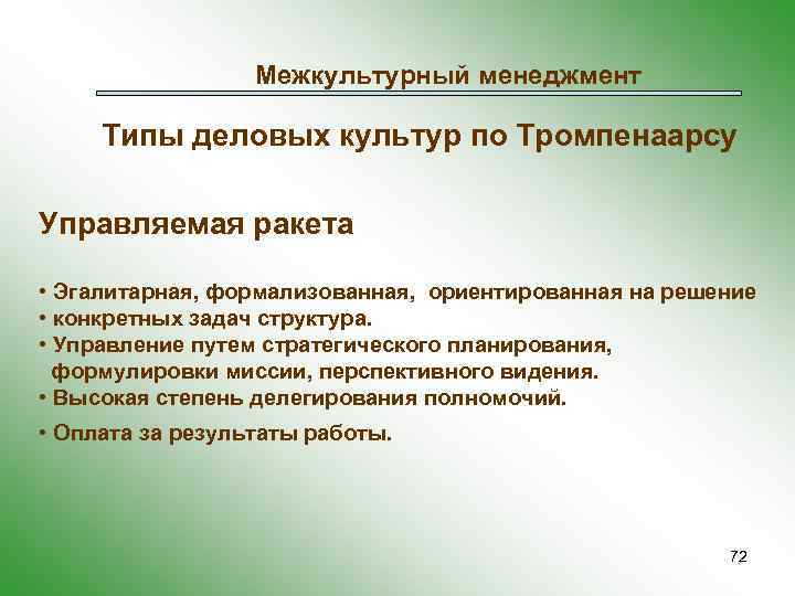 Межкультурный менеджмент Типы деловых культур по Тромпенаарсу Управляемая ракета • Эгалитарная, формализованная, ориентированная на