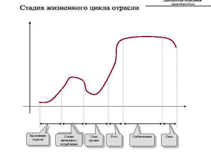 Доминантные отраслевые характеристики Зарождение отрасли Стадия визионного потребления Спад продаж Рост Стабилизация Спад 