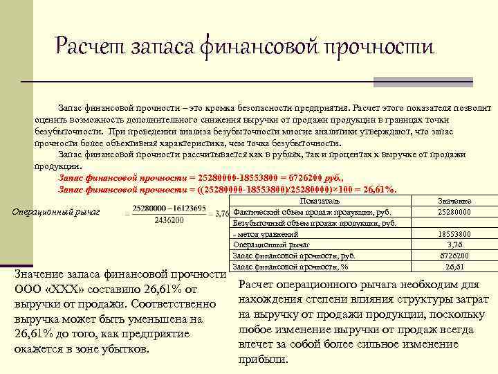 Расчет запаса финансовой прочности Запас финансовой прочности – это кромка безопасности предприятия. Расчет этого