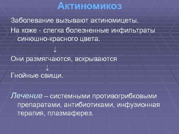 Актиномикоз Заболевание вызывают актиномицеты. На коже - слегка болезненные инфильтраты синюшно-красного цвета. ↓ Они