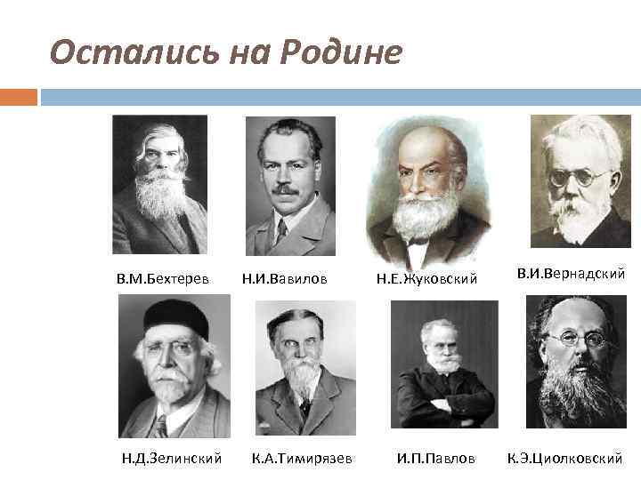 Остались на Родине В. М. Бехтерев Н. Д. Зелинский Н. И. Вавилов К. А.