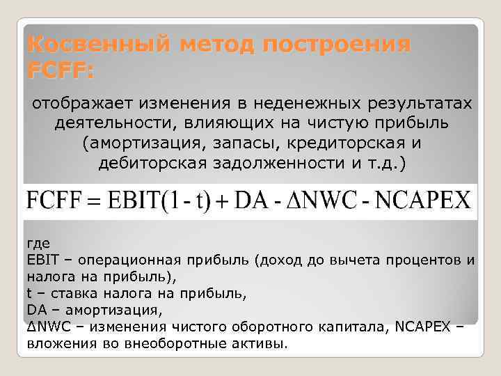 Косвенный метод построения FCFF: отображает изменения в неденежных результатах  деятельности, влияющих на чистую