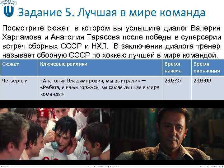 Задание 5. Лучшая в мире команда Посмотрите сюжет, в котором вы услышите Задание 5. Лучшая в мире команда Посмотрите сюжет, в котором вы услышите