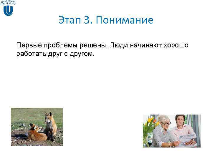 Этап 3. Понимание Первые проблемы решены. Люди начинают хорошо работать друг Этап 3. Понимание Первые проблемы решены. Люди начинают хорошо работать друг