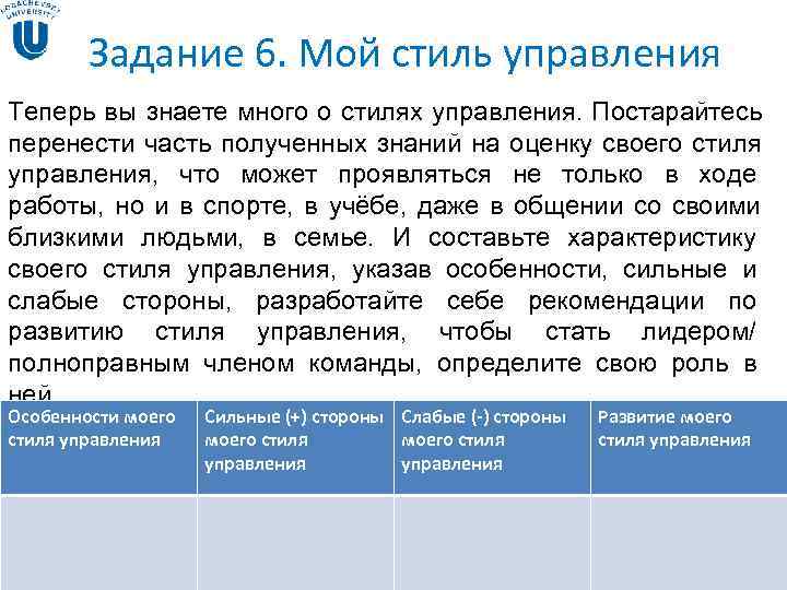 Задание 6. Мой стиль управления Теперь вы знаете много о стилях управления. Задание 6. Мой стиль управления Теперь вы знаете много о стилях управления.