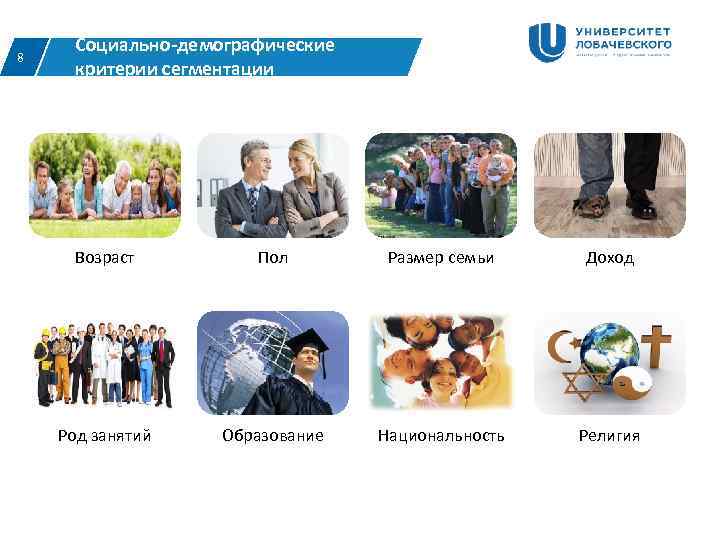  Социально-демографические 8  критерии сегментации  Возраст   Пол   Размер