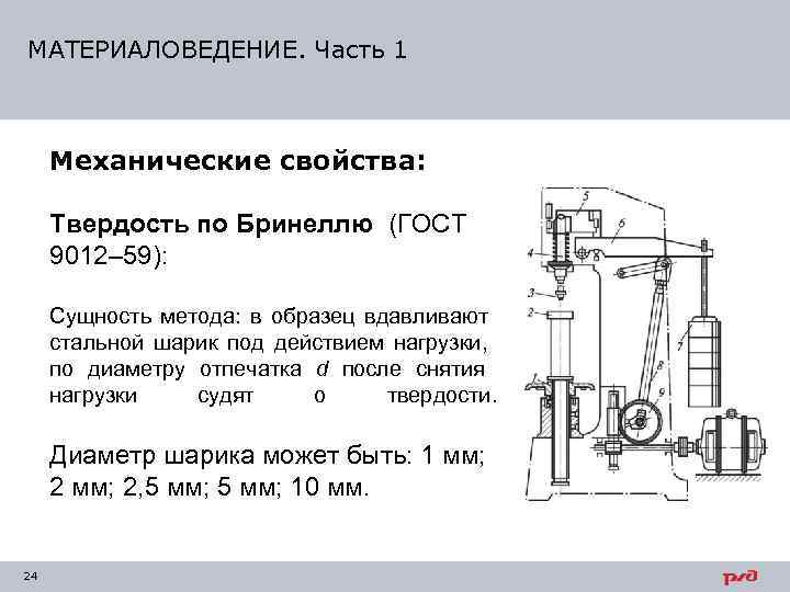 МАТЕРИАЛОВЕДЕНИЕ. Часть 1   Механические свойства:  Твердость по Бринеллю (ГОСТ 9012– 59):