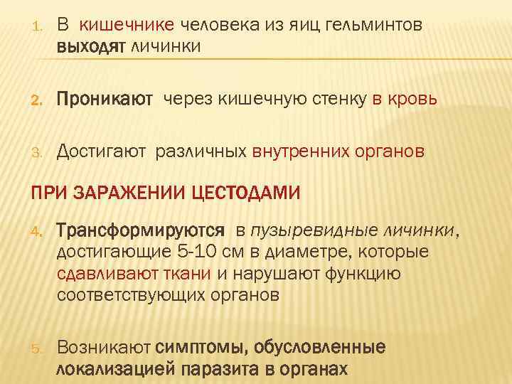 1.  В кишечнике человека из яиц гельминтов выходят личинки 2.  Проникают через