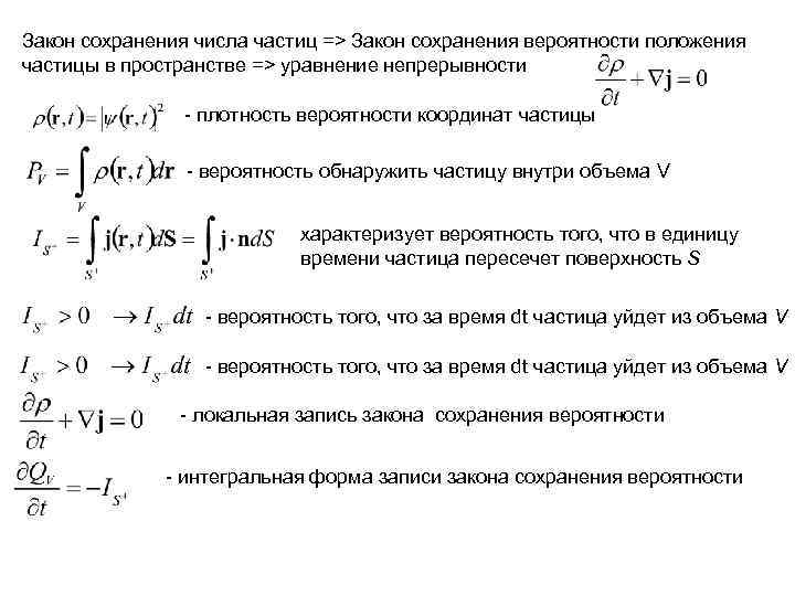 Закон сохранения числа частиц => Закон сохранения вероятности положения частицы в пространстве => уравнение