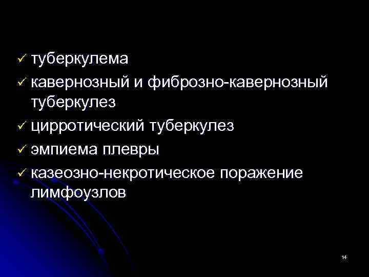 ü туберкулема ü кавернозный  и фиброзно-кавернозный  туберкулез ü цирротический туберкулез ü эмпиема