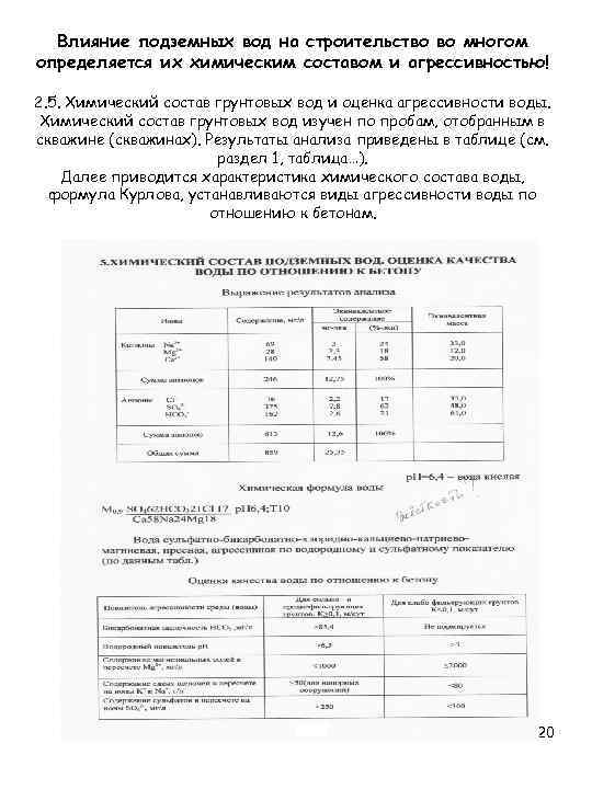 Влияние подземных вод на строительство во многом определяется их химическим составом и агрессивностью! 2.
