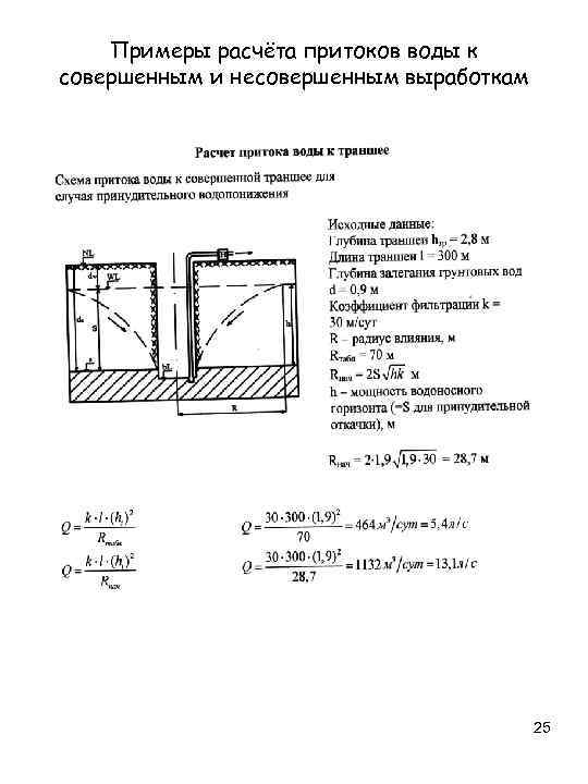 Примеры расчёта притоков воды к совершенным и несовершенным выработкам 25 