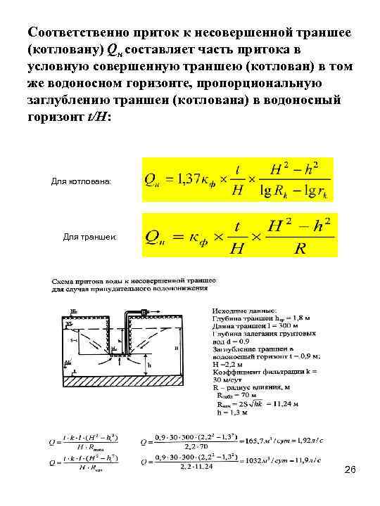 Соответственно приток к несовершенной траншее (котловану) Qн составляет часть притока в условную совершенную траншею