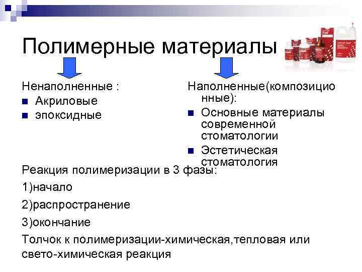 Полимерные материалы Ненаполненные :  Наполненные(композицио n Акриловые   нные): n эпоксидные 