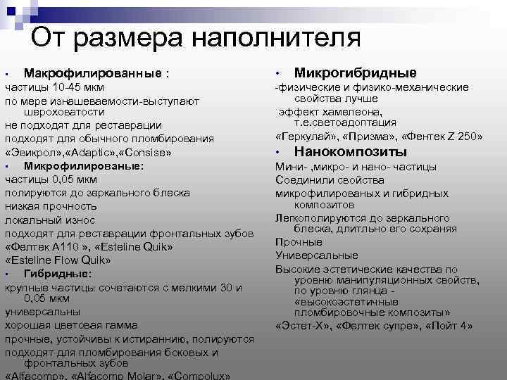   От размера наполнителя •  Макрофилированные :     •