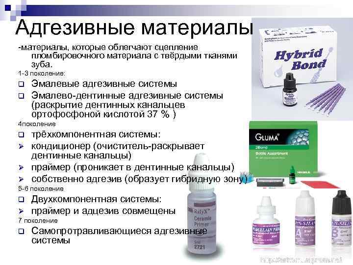 Адгезивные материалы -материалы, которые облегчают сцепление  пломбировочного материала с твёрдыми тканями  зуба.