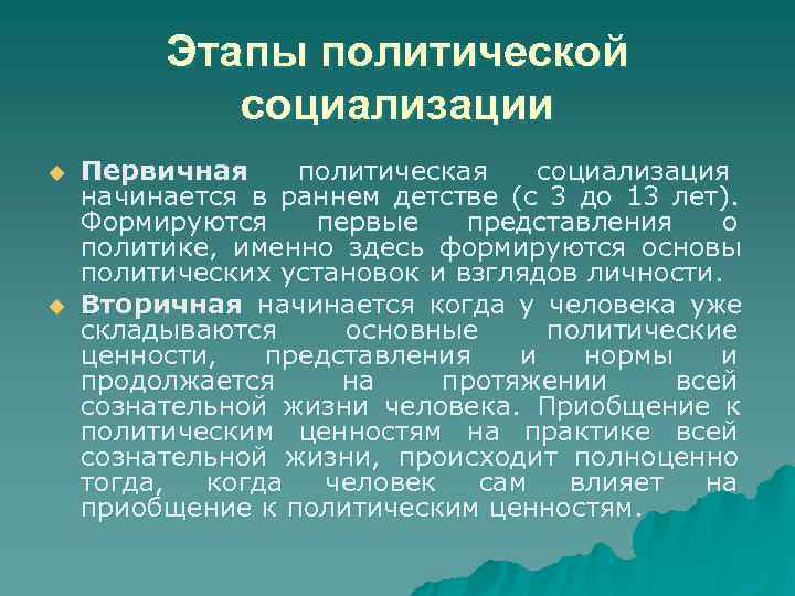    Этапы политической   социализации u  Первичная политическая социализация начинается
