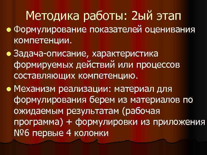   Методика работы: 2 ый этап l Формулирование  показателей оценивания  компетенции.