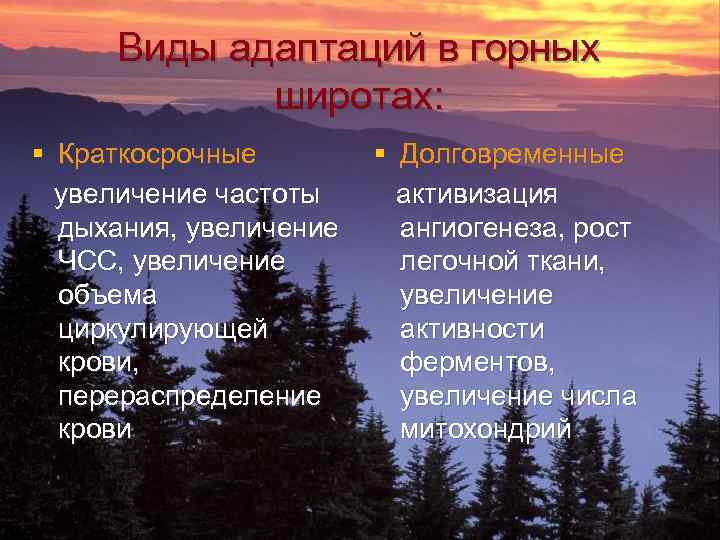  Виды адаптаций в горных   широтах: § Краткосрочные   § Долговременные