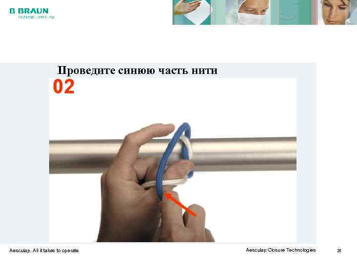     Проведите синюю часть нити     02 Aesculap.